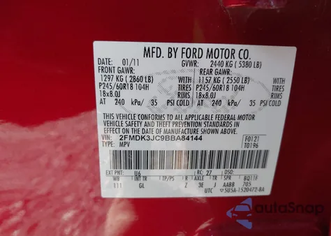 2011 Ford Edge Sel from USA, damaged, VIN 2FMDK3JC9BBA84144